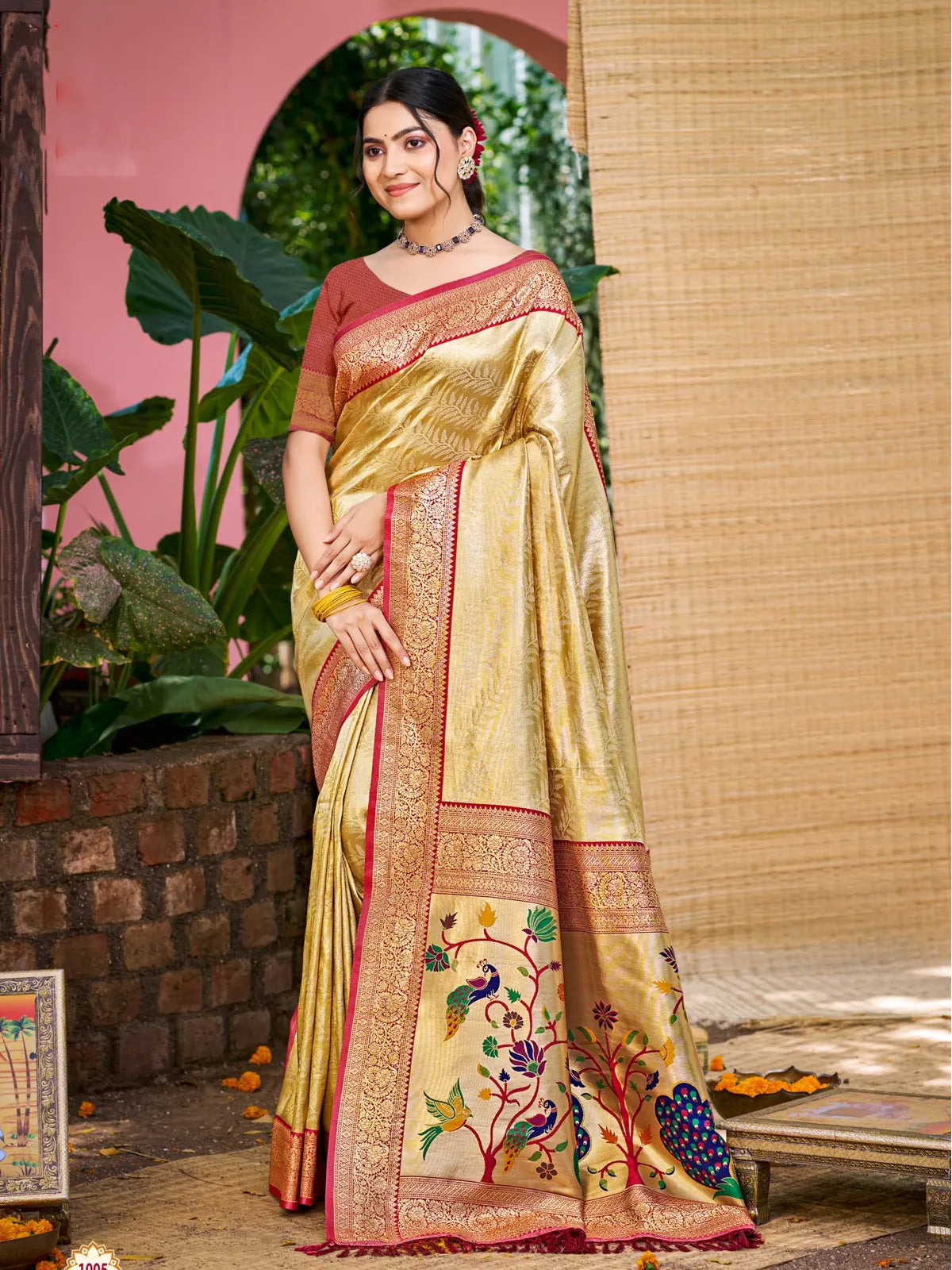 Tarani golden Kanjivaram silk saree full view with red border and woven motifs