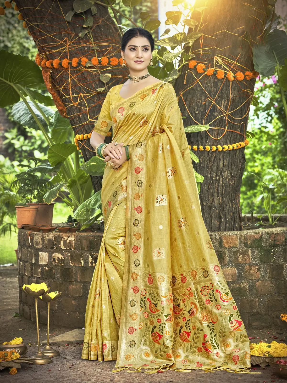 Tarani golden Kanan silk saree full view with rich woven motifs and festive pallu for weddings and pooja