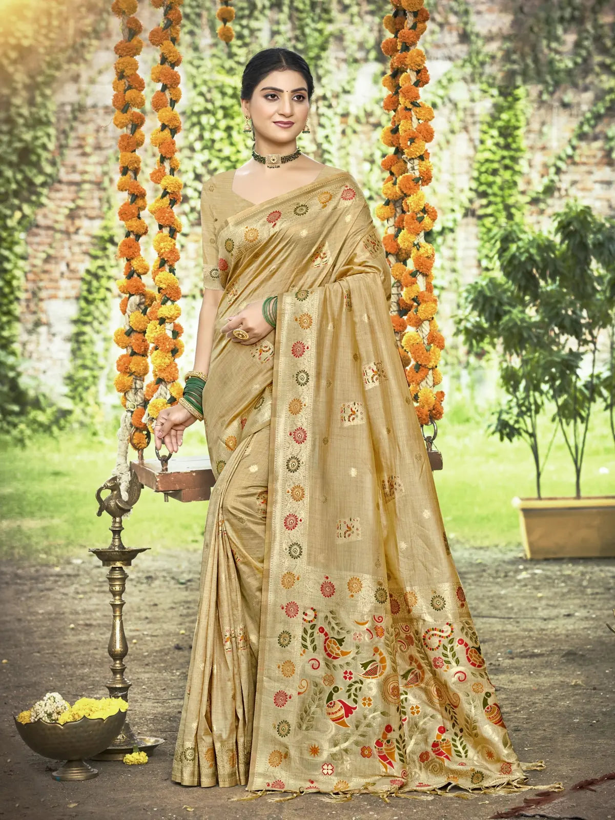 Tarani golden silk saree with multicolor floral and bird motifs full view with blouse piece