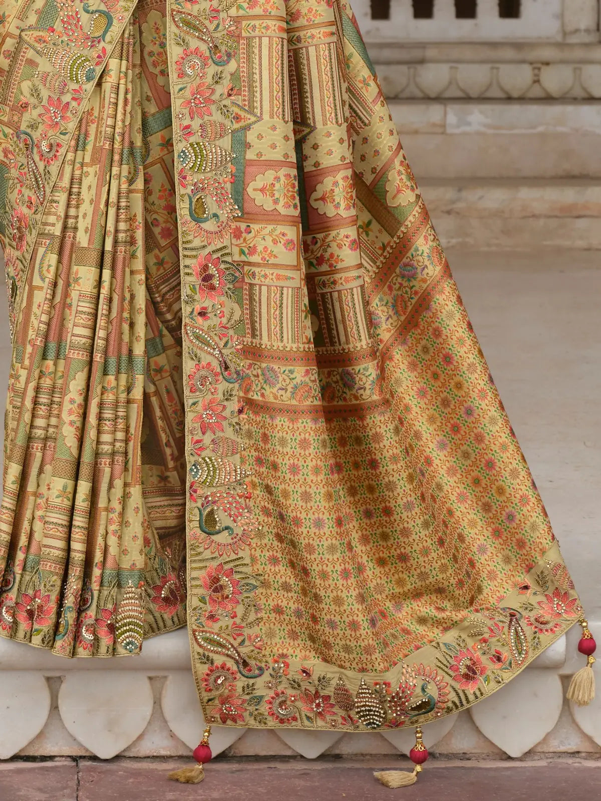 Tarani silk saree pallu view showing intricate embroidery and floral khatli work