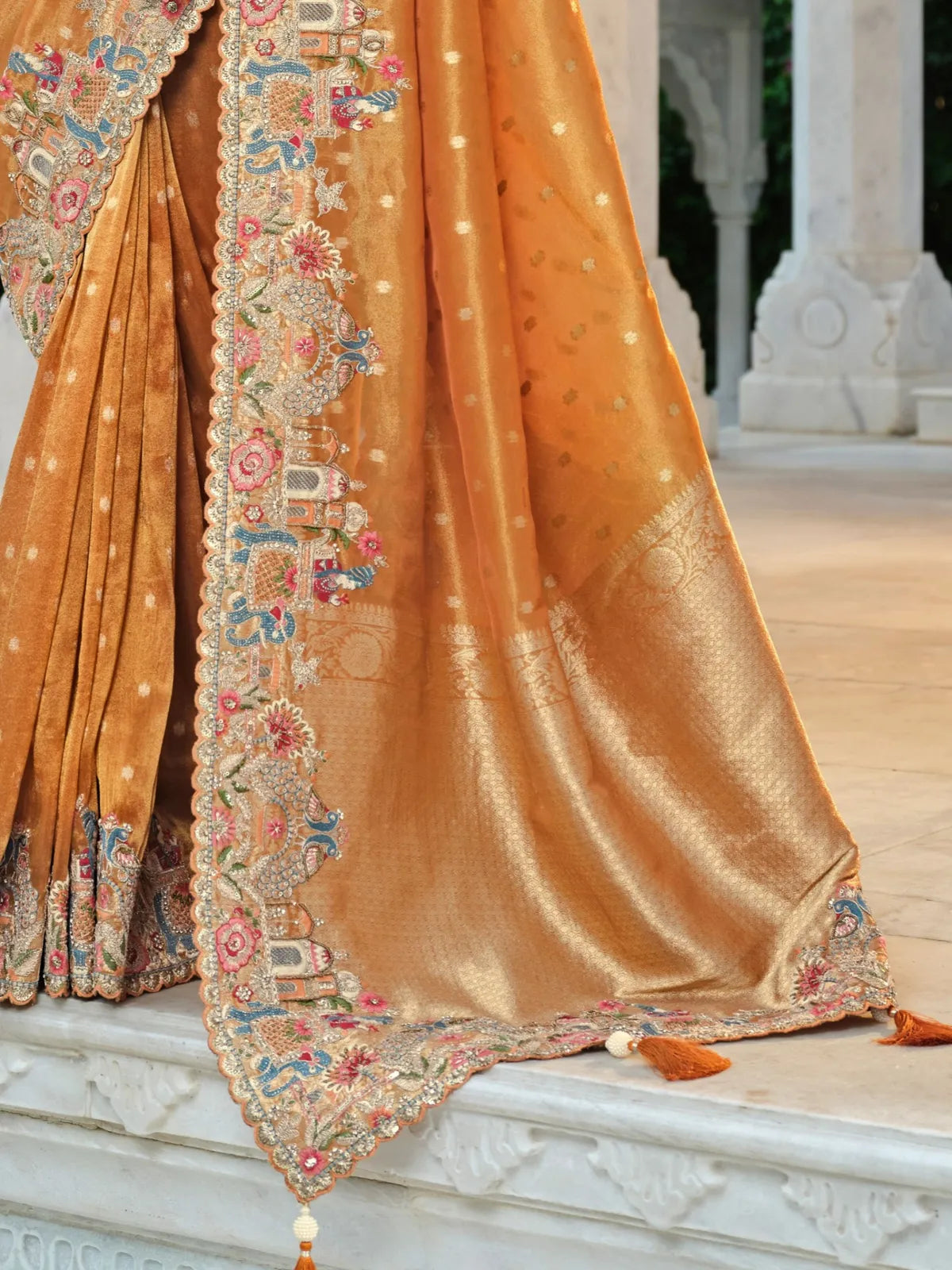 Tarani golden saree pallu view with sequin and multicolor khatli border for party occasions