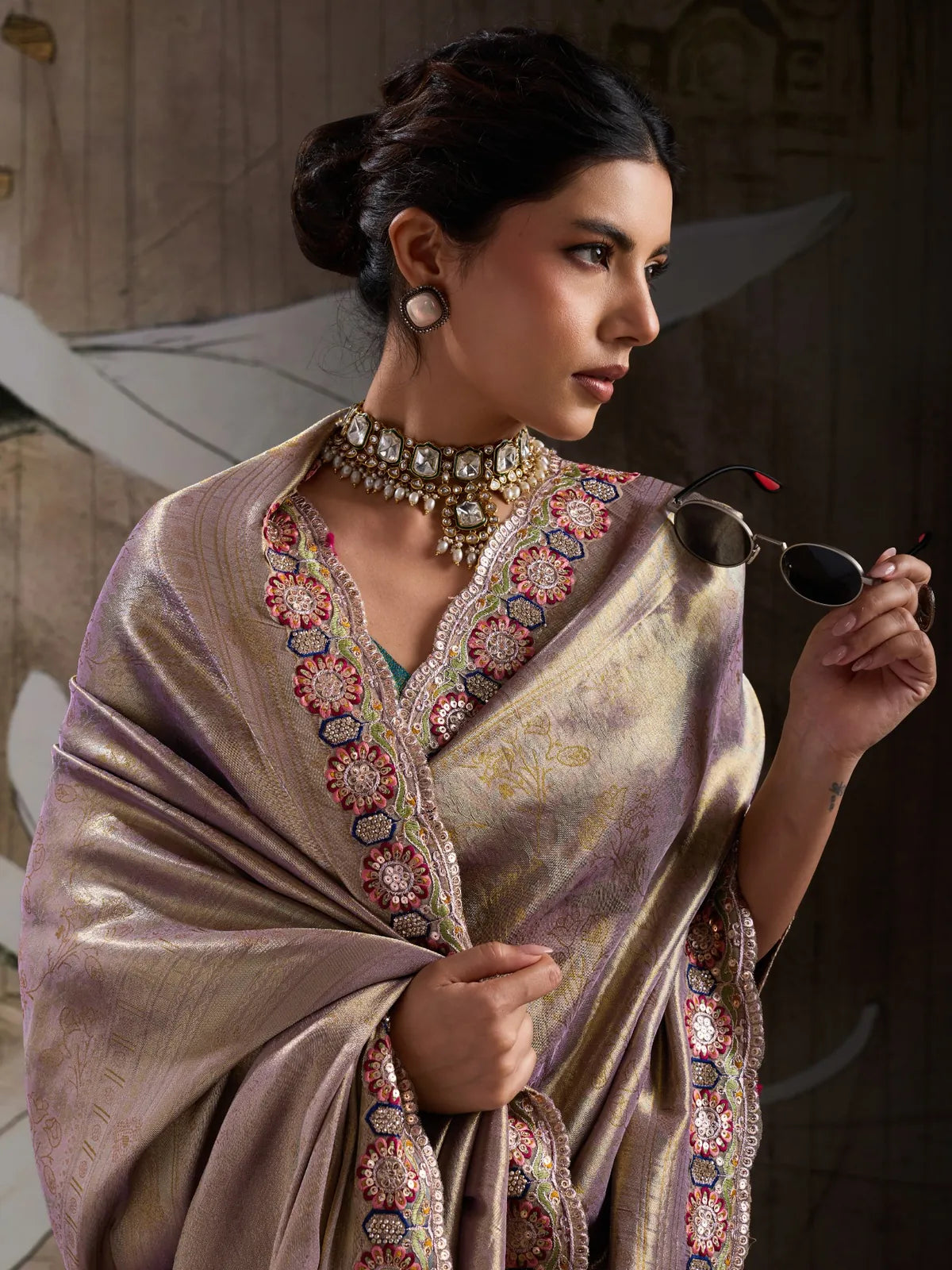Tarani golden Banarasi jacquard silk saree upper body view highlighting blouse and border
