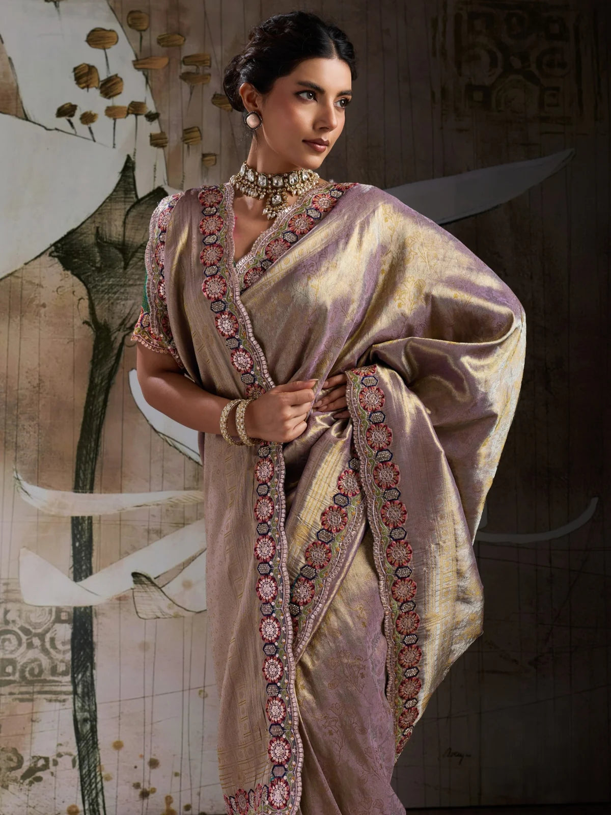 Tarani Banarasi jacquard silk saree close upper body view showing border detailing