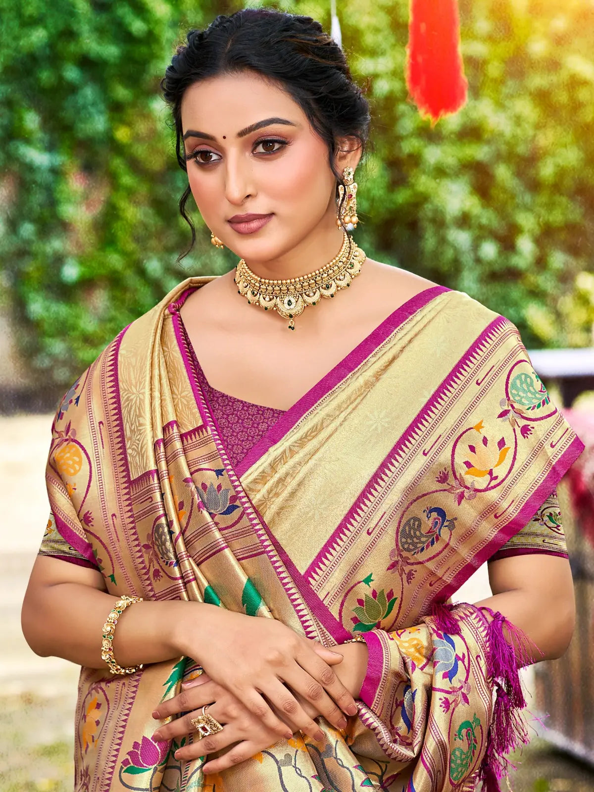 Tarani golden Kanjivaram silk saree upper body view showing woven border and blouse