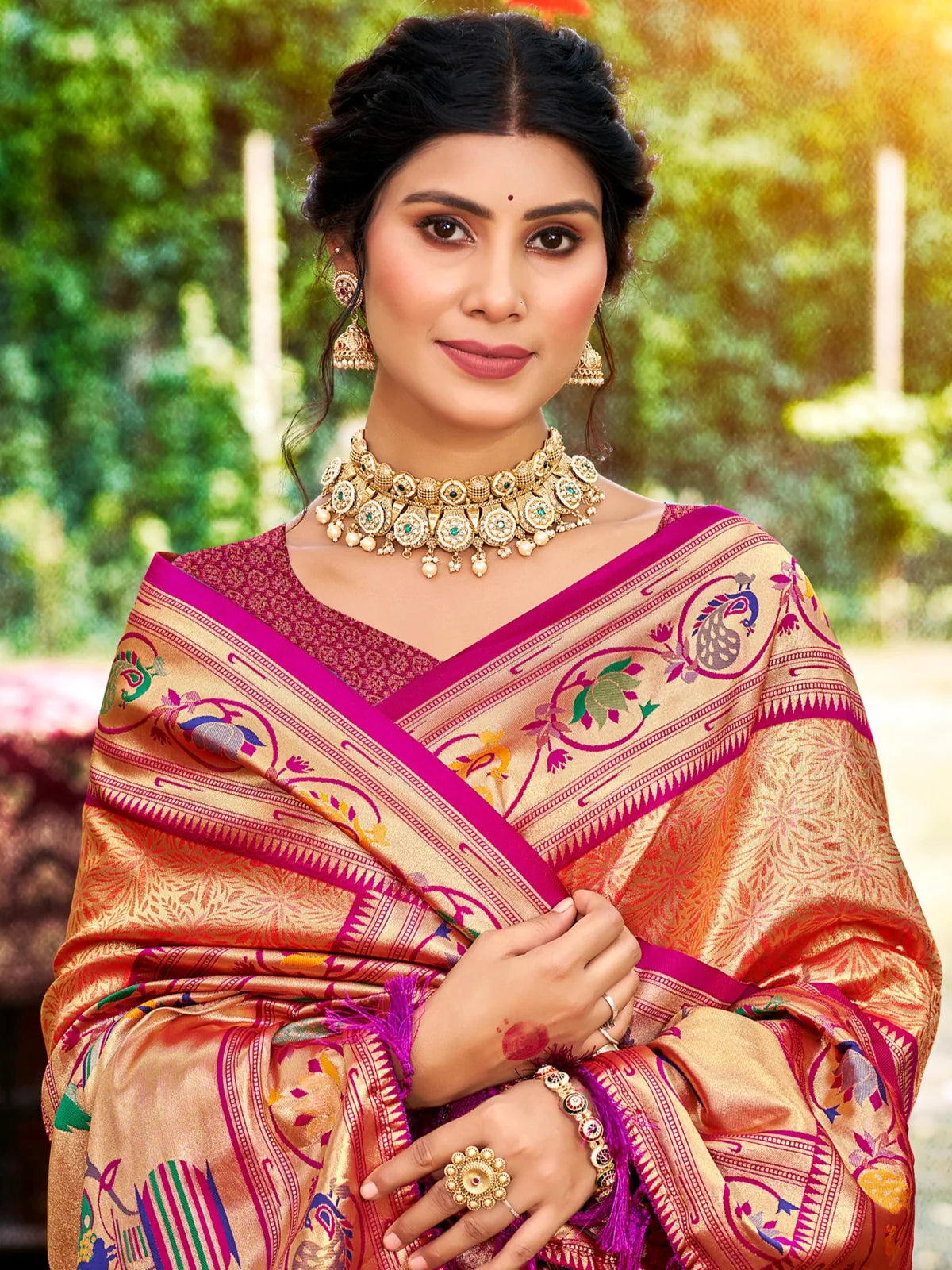 Tarani golden Kanjivaram silk Paithani border saree upper-body-view for wedding wear