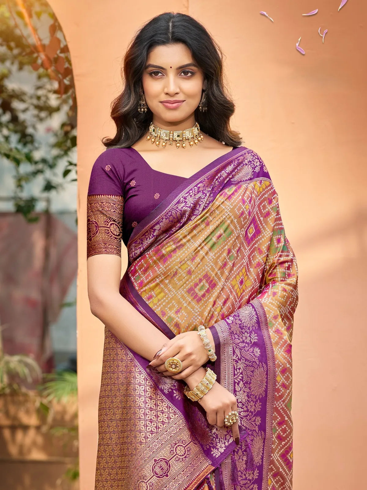 Tarani soft silk golden saree upper body view with woven blouse and elegant border detailing