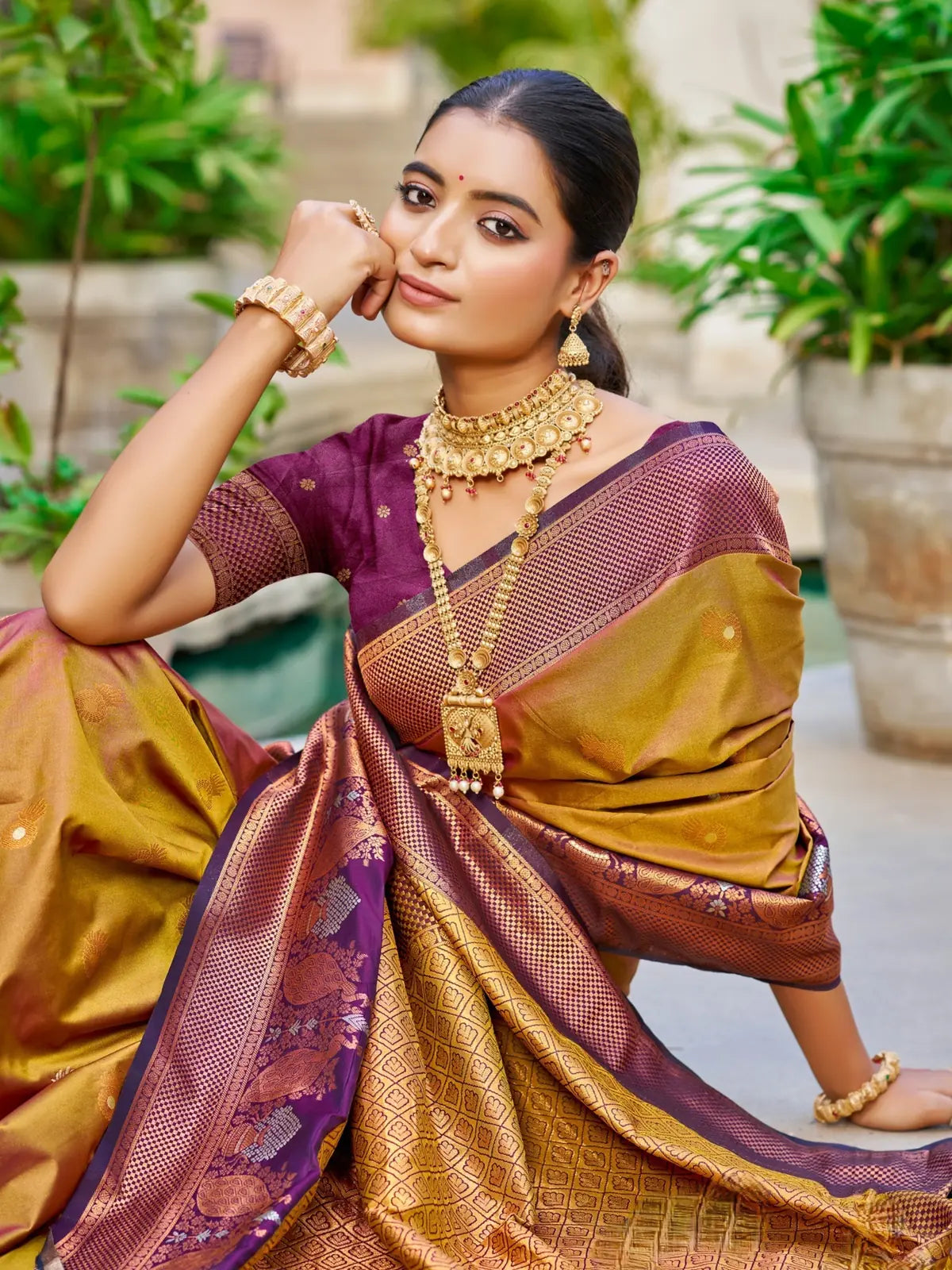 Tarani soft silk golden saree upper body view with zari weaving and contrast purple border