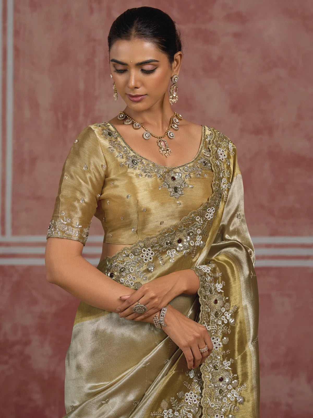 Tarani Pure Ziraf Silk golden saree upper body view highlighting blouse embroidery