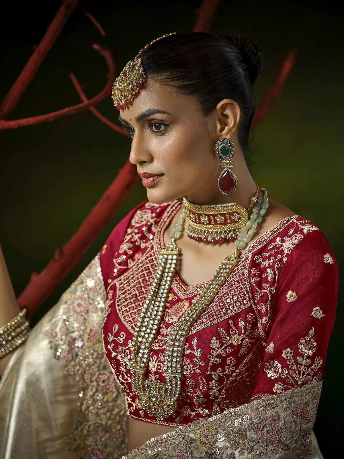 Tarani upper body view showing maroon embroidered blouse jewelry and detailed pallu work