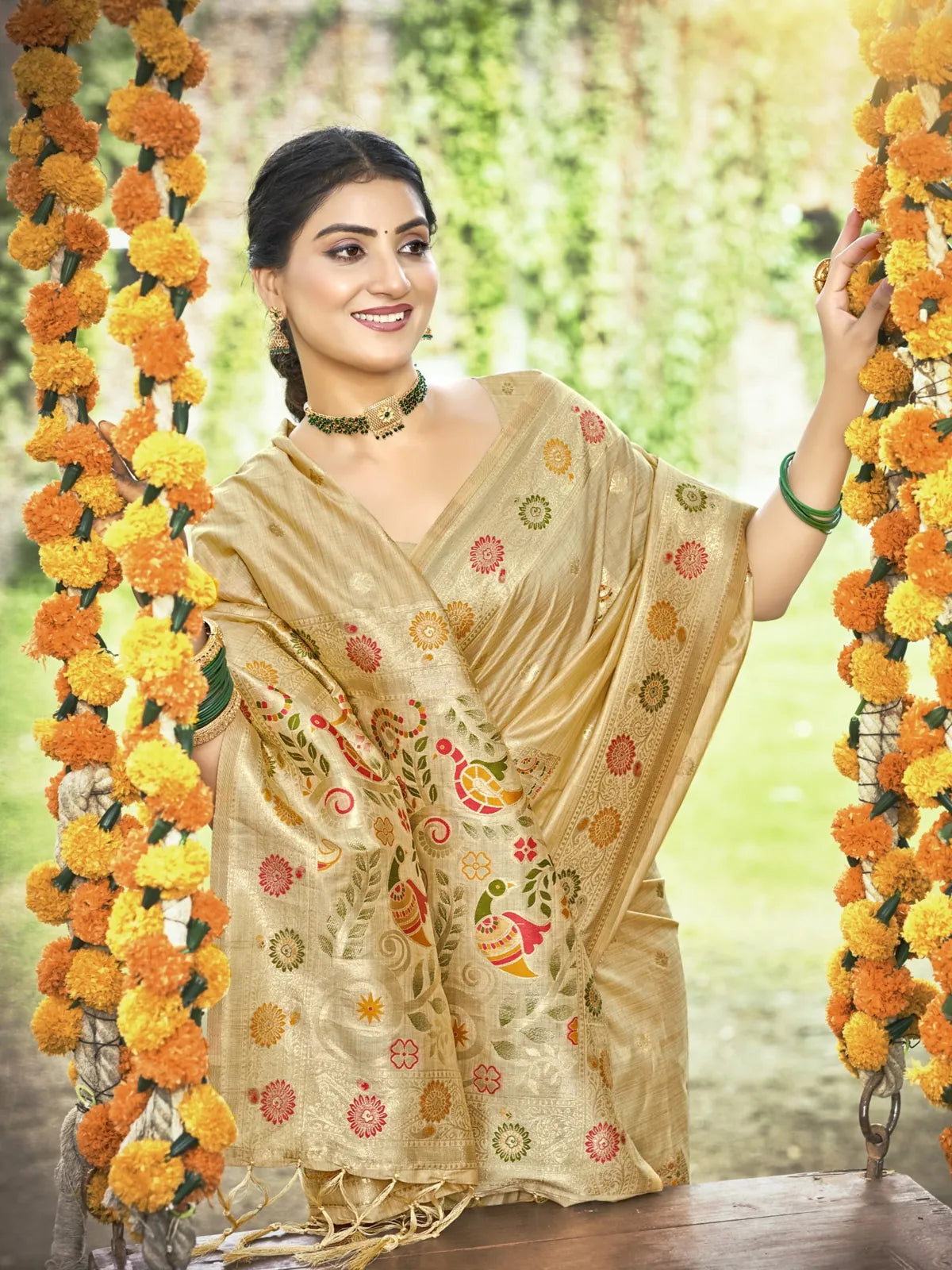 Tarani golden silk saree upper body view with delicate motifs and elegant drape for festive occasions