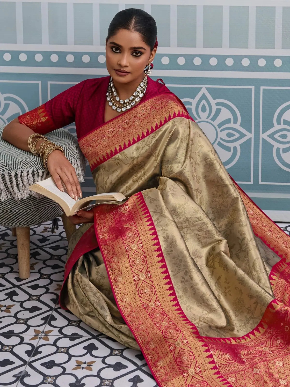 Tarani golden silk saree upper body view with blouse and jewelry