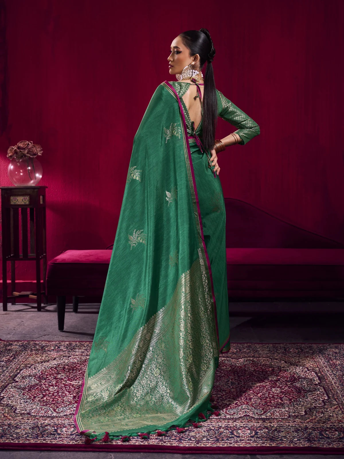 Tarani green satin linen handloom weaving silk saree back view with woven pallu