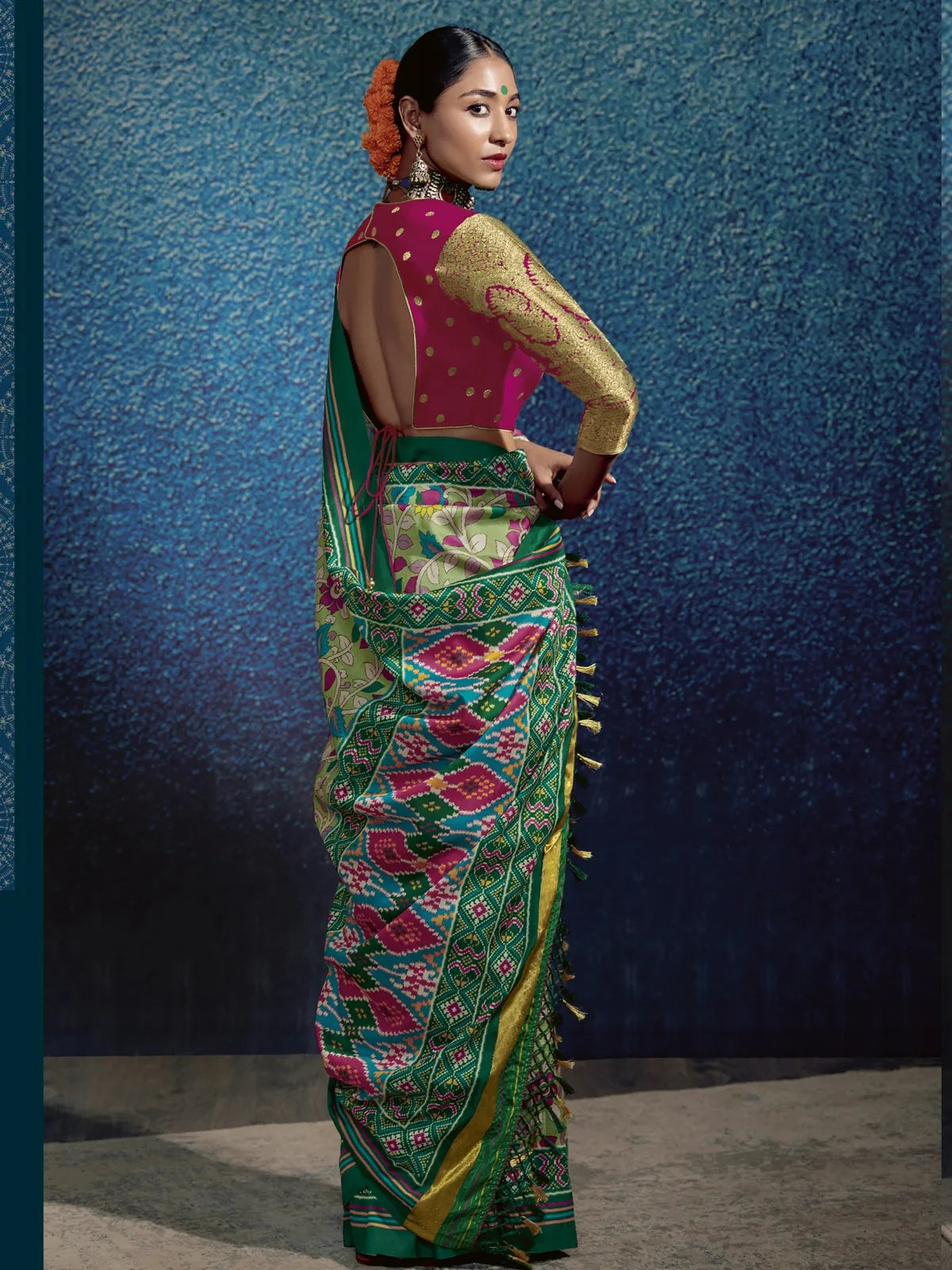 Tarani premium green tusser silk saree back view with patola pallu