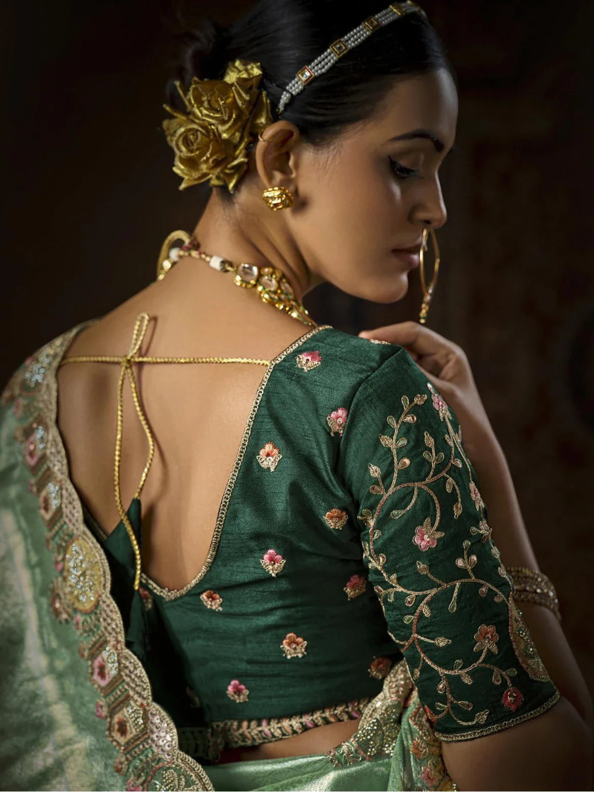 Tarani green silk saree back blouse design with embroidery
