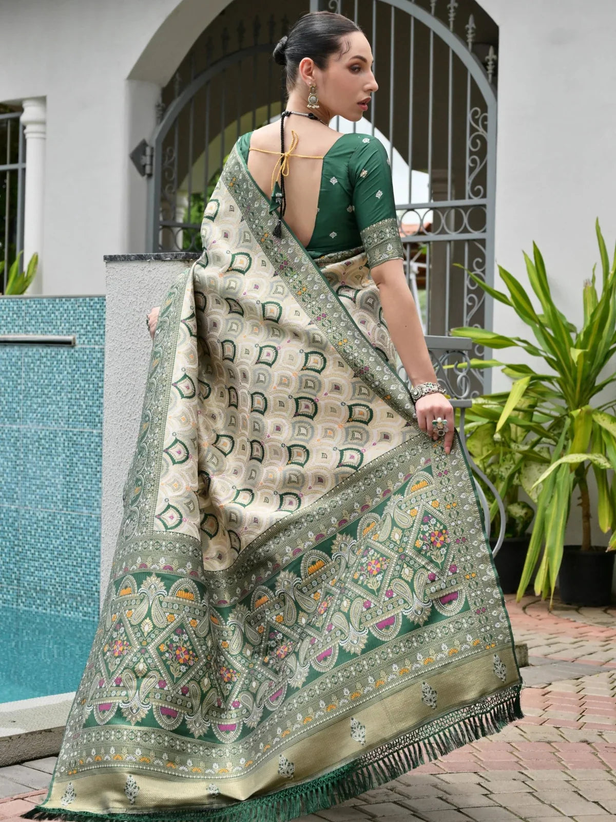 Tarani banarasi silk saree full back pose with zari rich pallu and ajrakh motifs