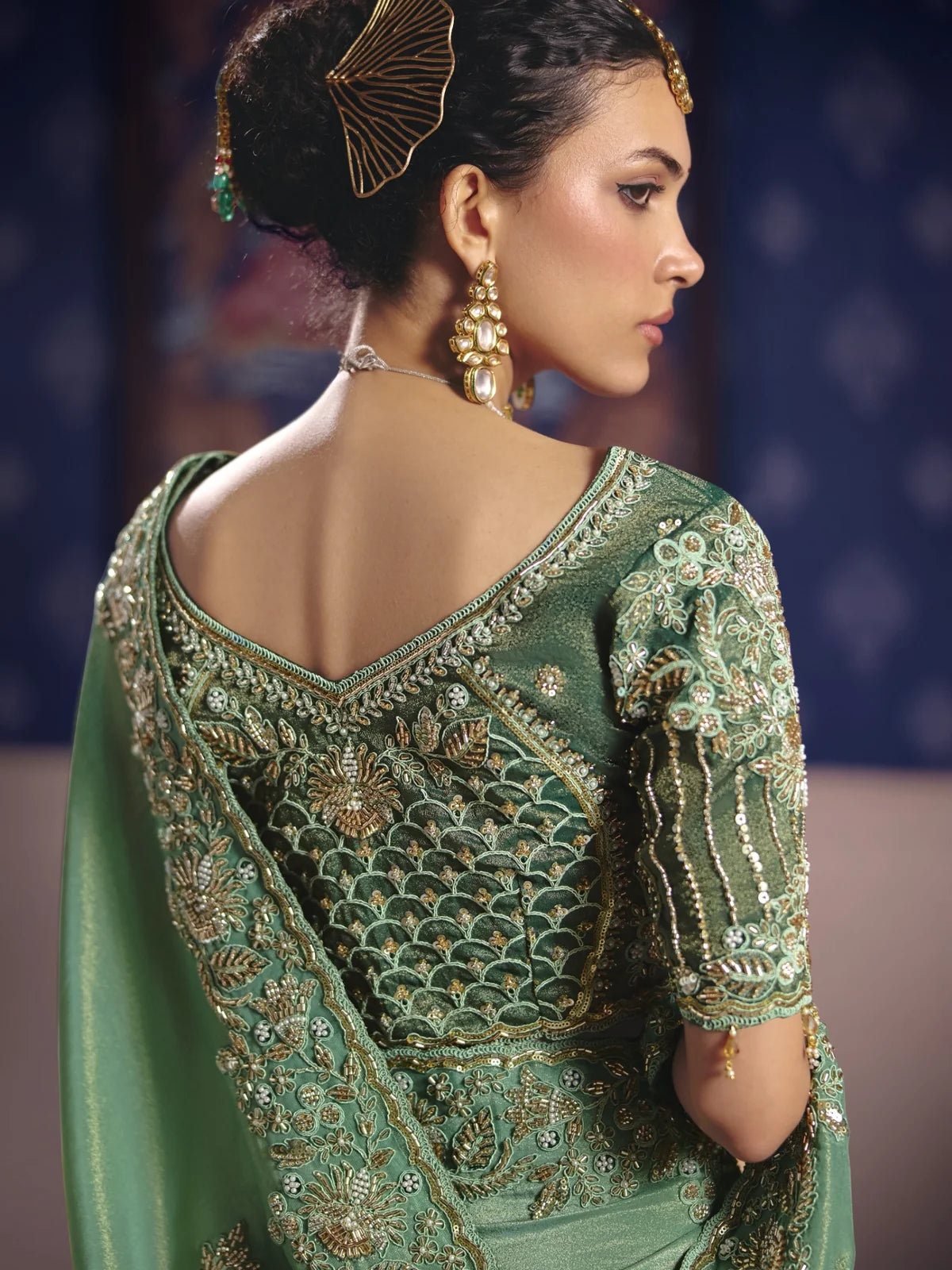 Tarani Ujwalika blouse back design with heavy embroidery and bead work close view