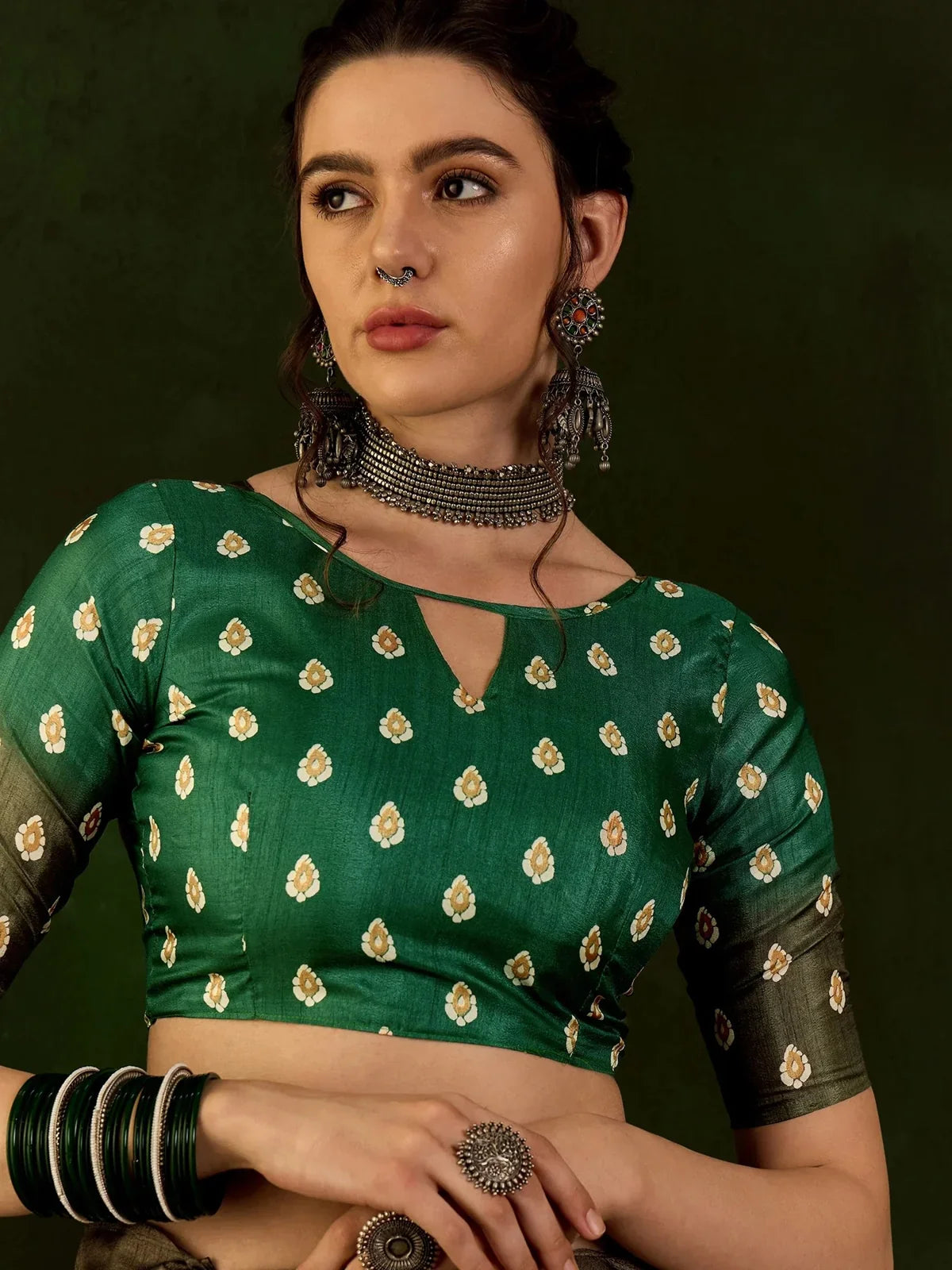 Tarani elegant Dola silk blouse close-up with traditional motif design