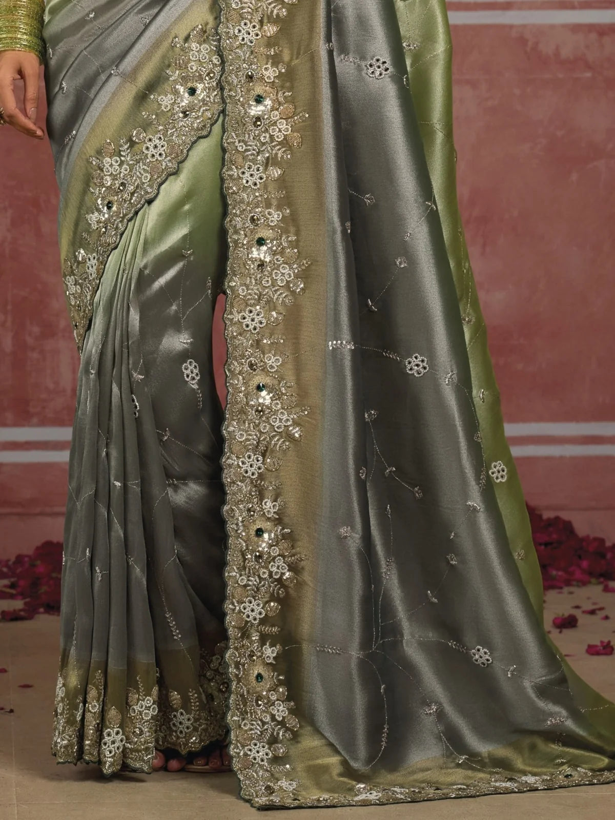 Tarani green Pure Ziraf Silk saree closeup view of embroidered border Zari Cutdana Moti and Stone work
