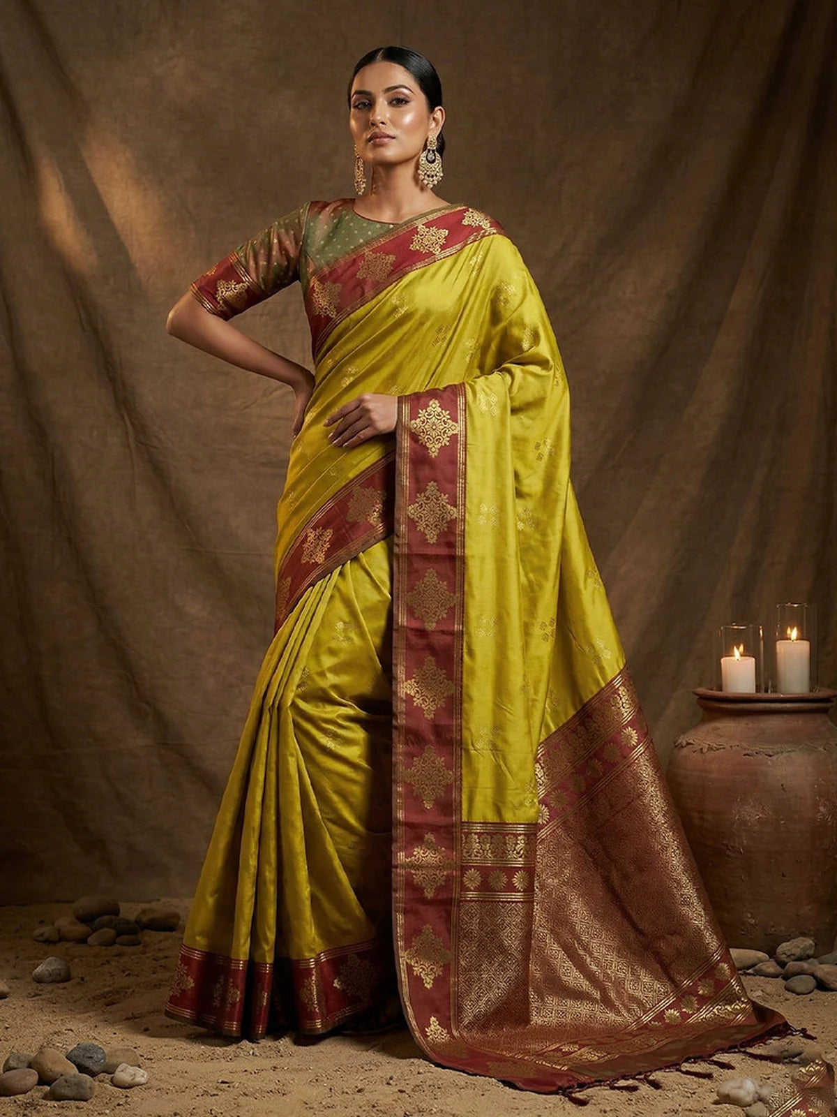 Tarani green soft silk saree with maroon zari border front view for festive and wedding wear