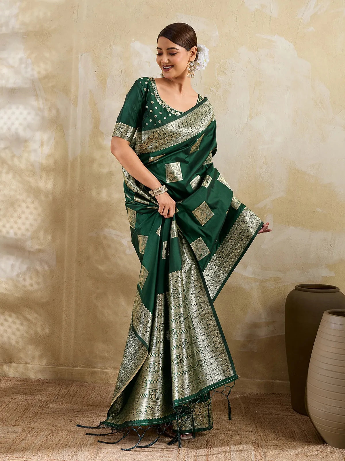Tarani green zari work silk blend saree front pose for wedding celebrations
