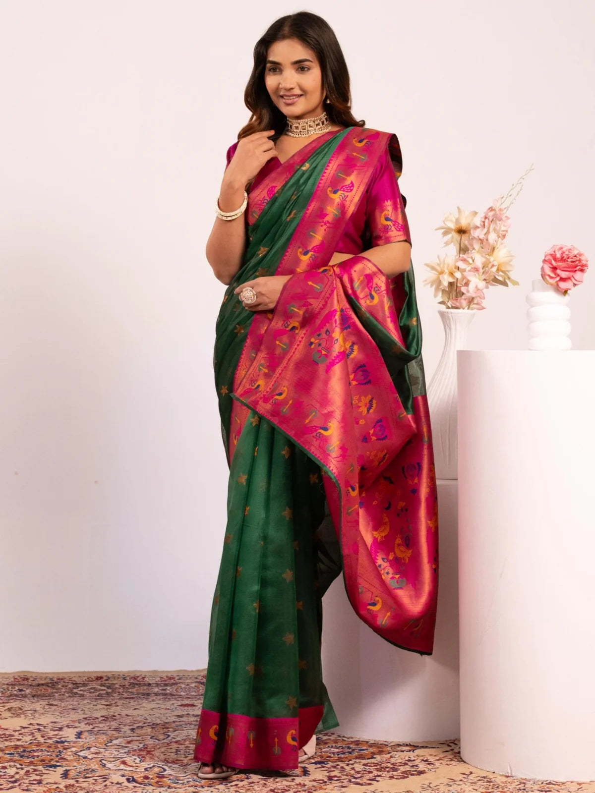 Tarani premium green soft tissue silk Paithani saree with zari woven border front-view