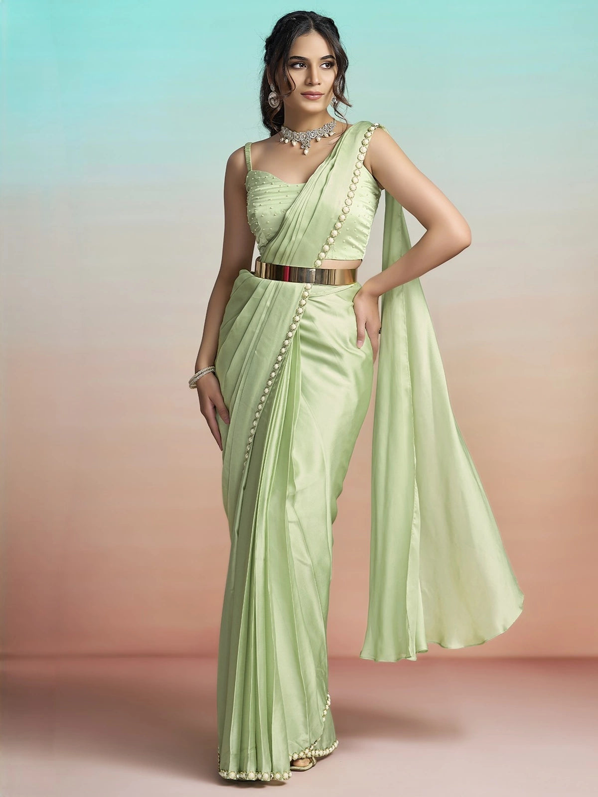 Tarani Padmika green ready to wear satin silk saree front view with pearl border