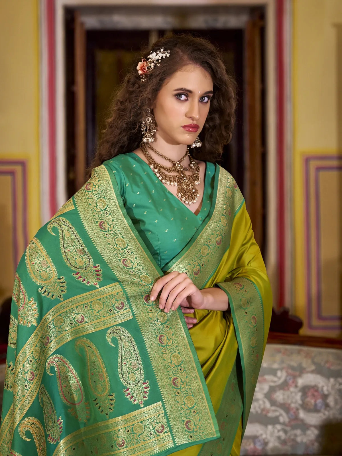 Tarani designer green silk saree front pose with intricate border and pallu