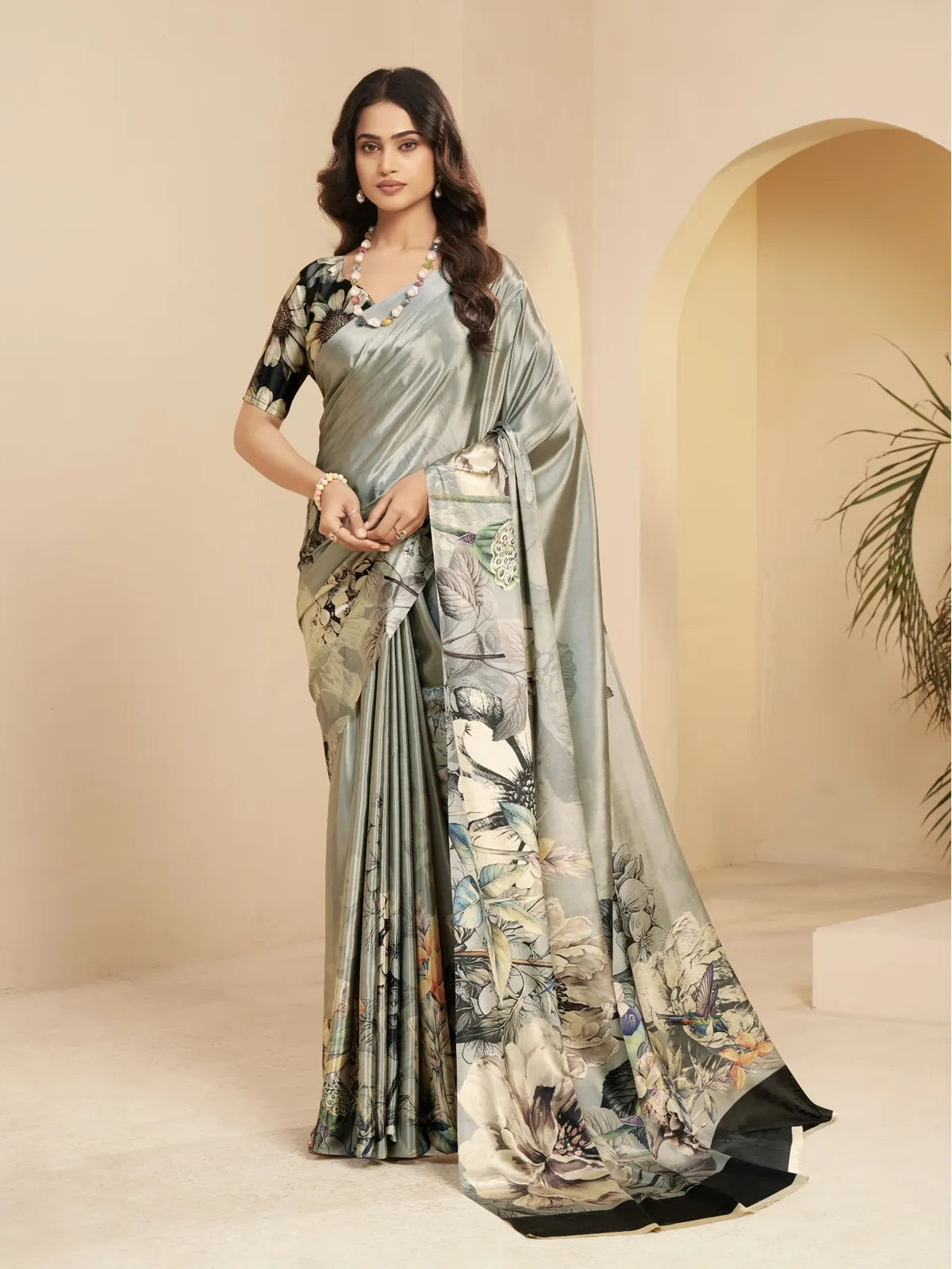 Tarani green malai crape silk saree with floral and bird digital print and soft drape