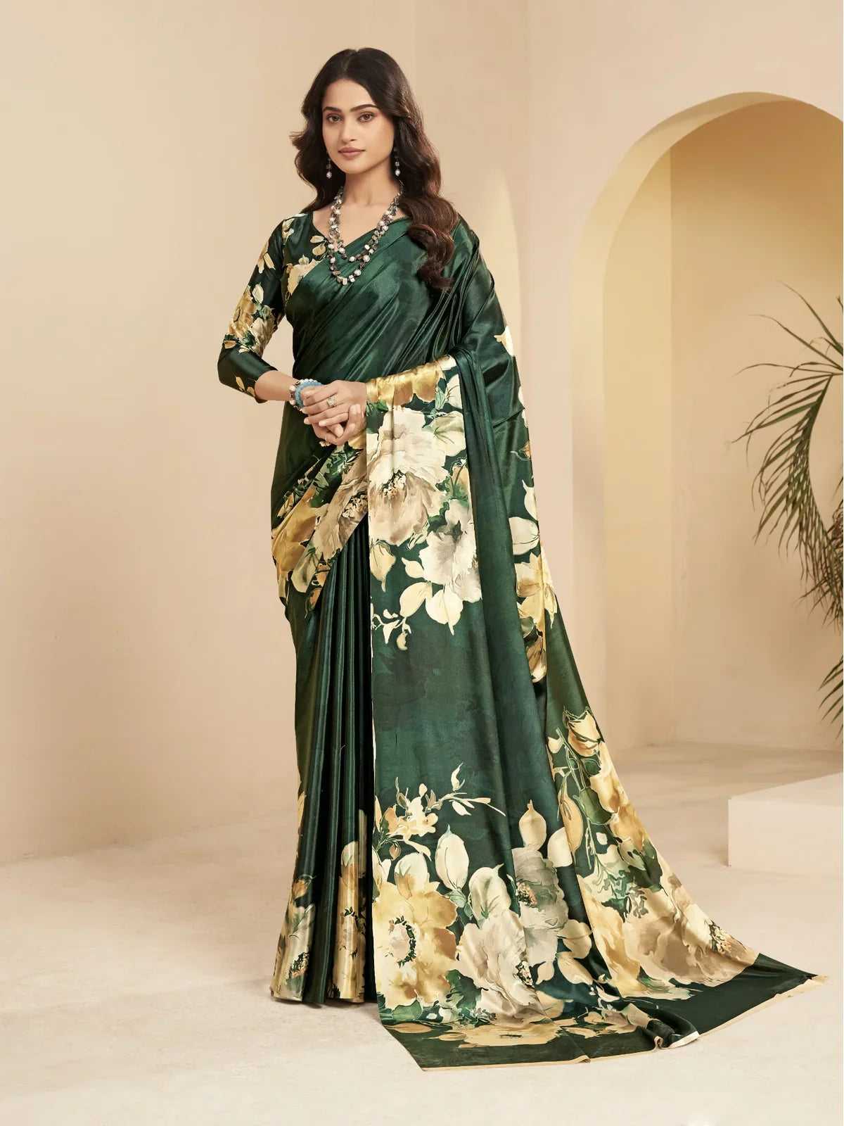 Tarani premium green floral digital print silk saree front view with matching blouse for festive wear