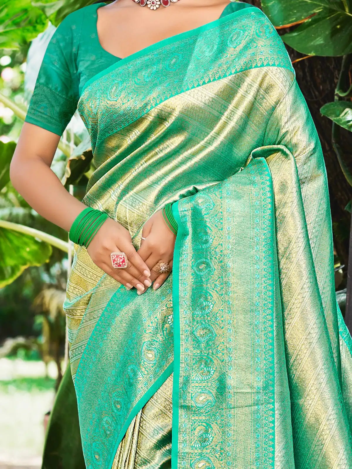 Tarani festive green Kanjivaram silk saree front view for parties