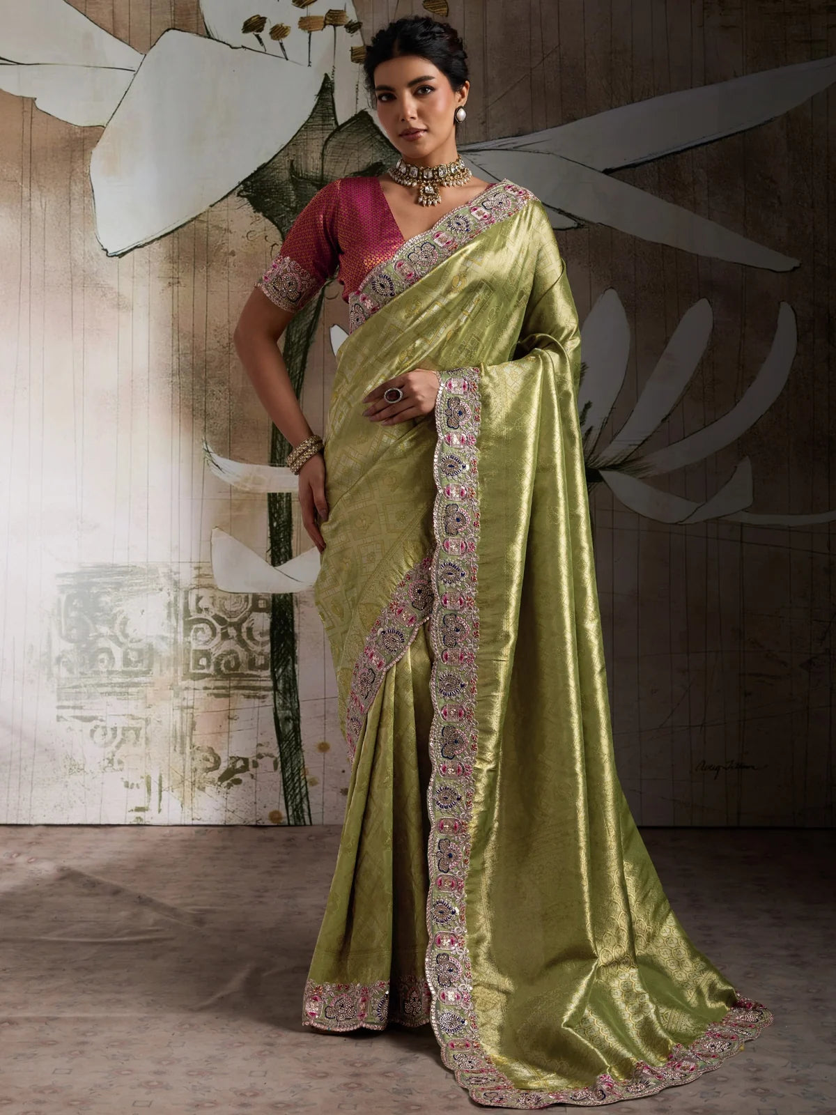 Tarani olive green Banarasi jacquard silk saree full view with embroidered border and brocade blouse