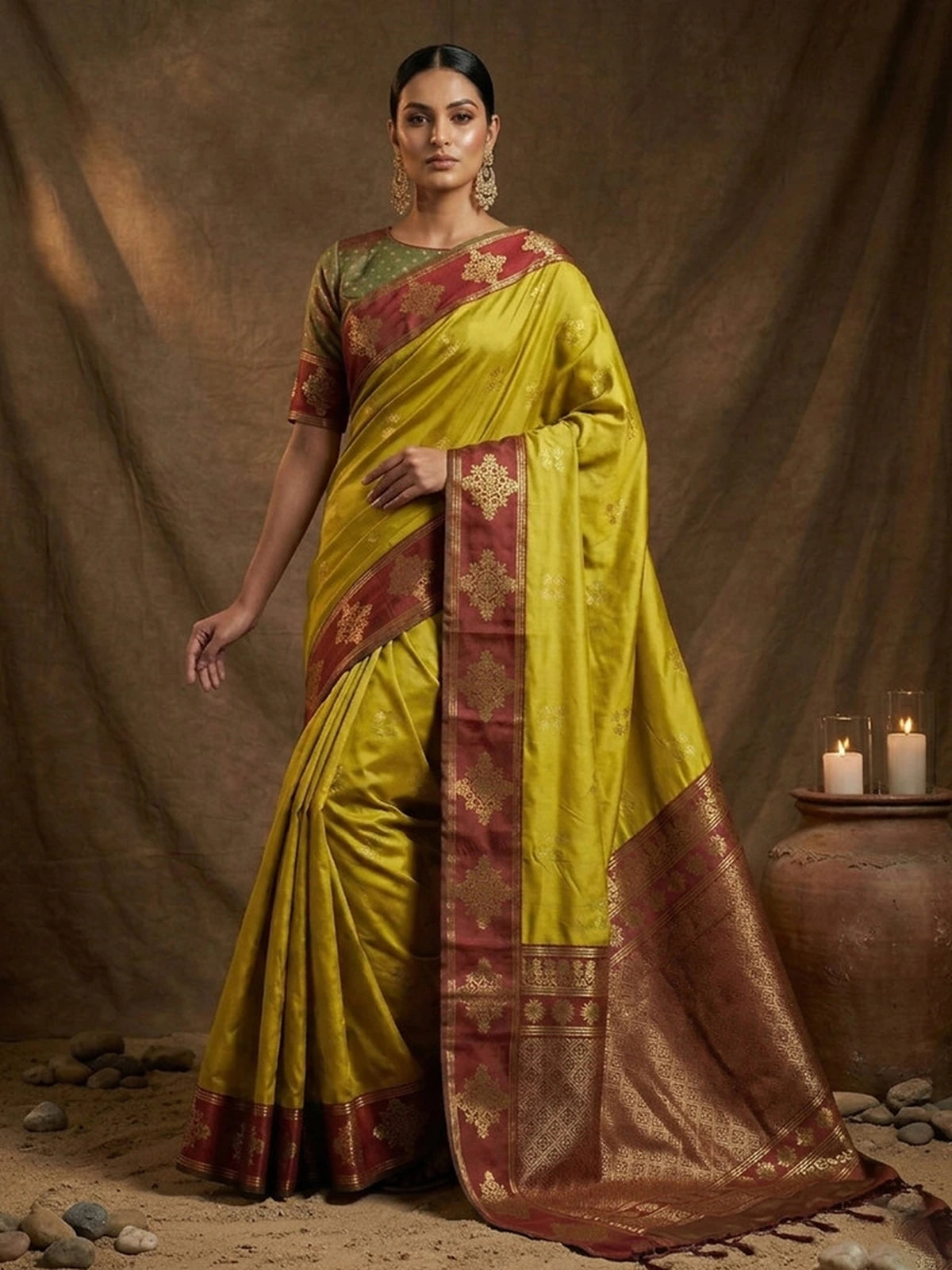 Tarani premium green silk saree full view with contrast maroon pallu and zari woven detailing