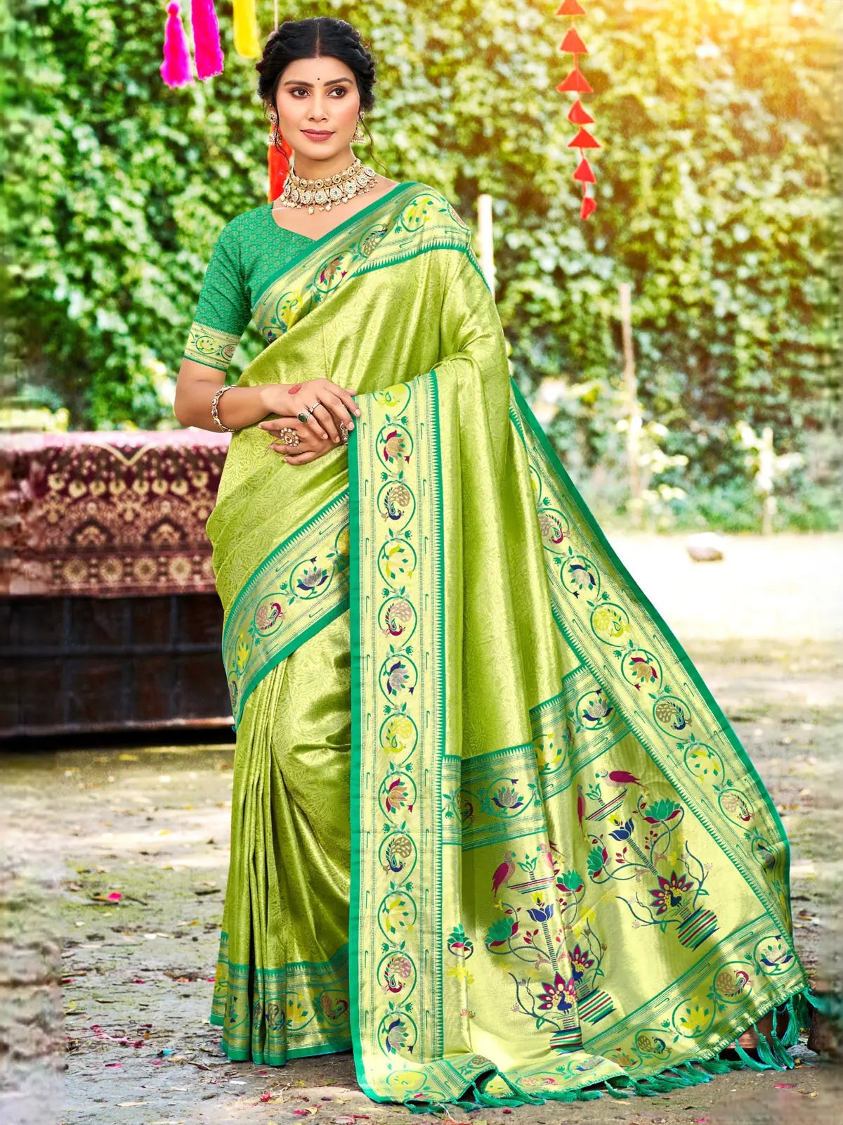 Tarani green Kanjivaram silk saree full view with woven Paithani pallu and matching blouse piece