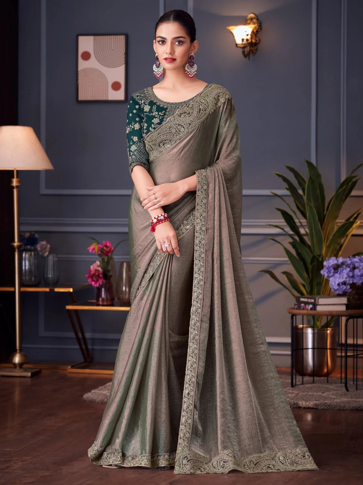 Tarani premium green chiffon silk saree full view with embroidered blouse for festive wear