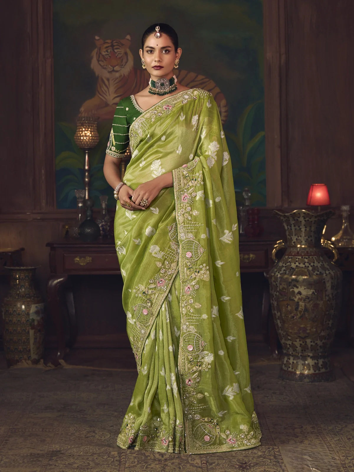 Tarani green silk saree with embroidery and matching blouse for wedding and festive occasions