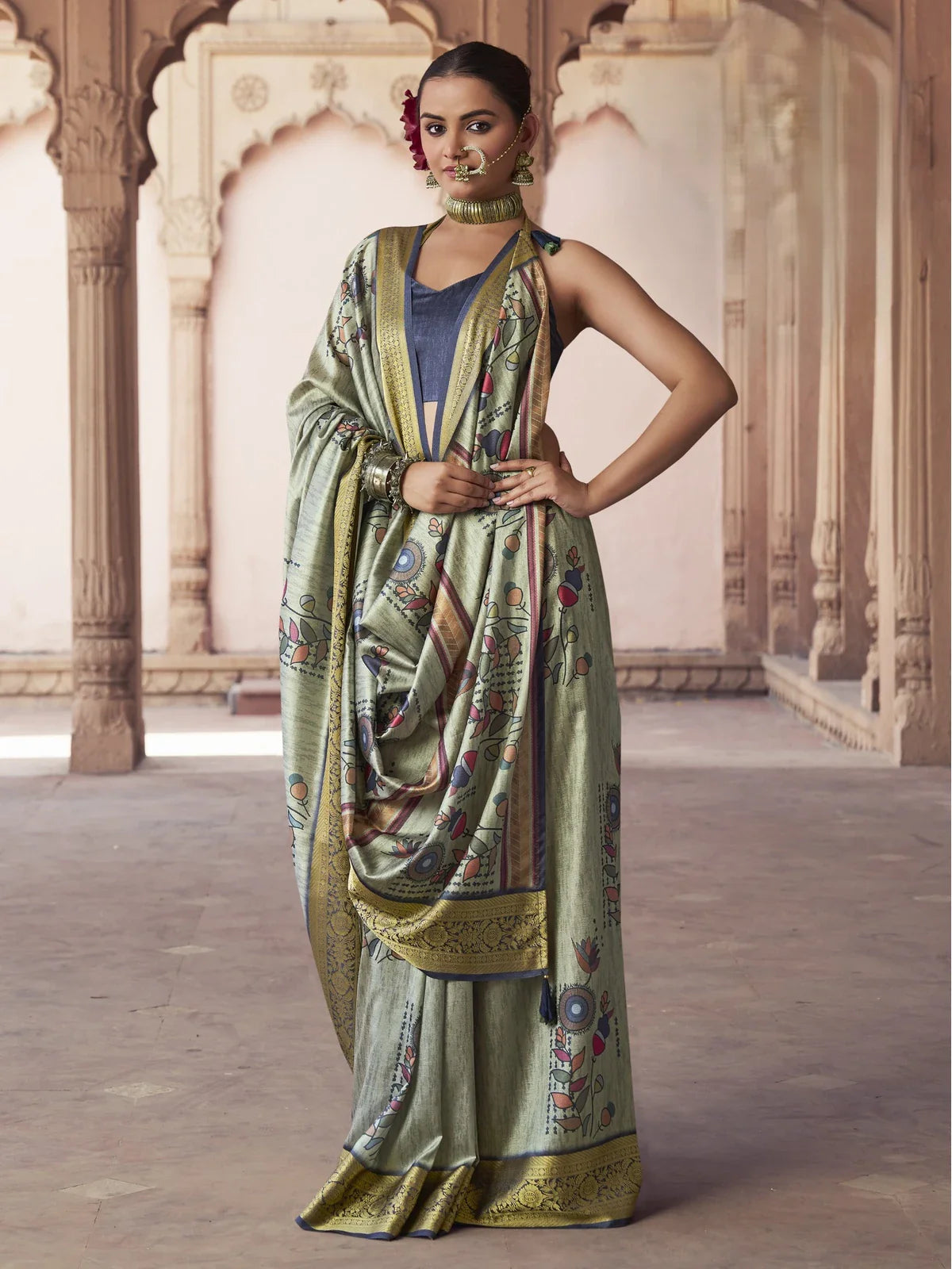 Tarani premium green silk saree full view with blouse and embroidery details