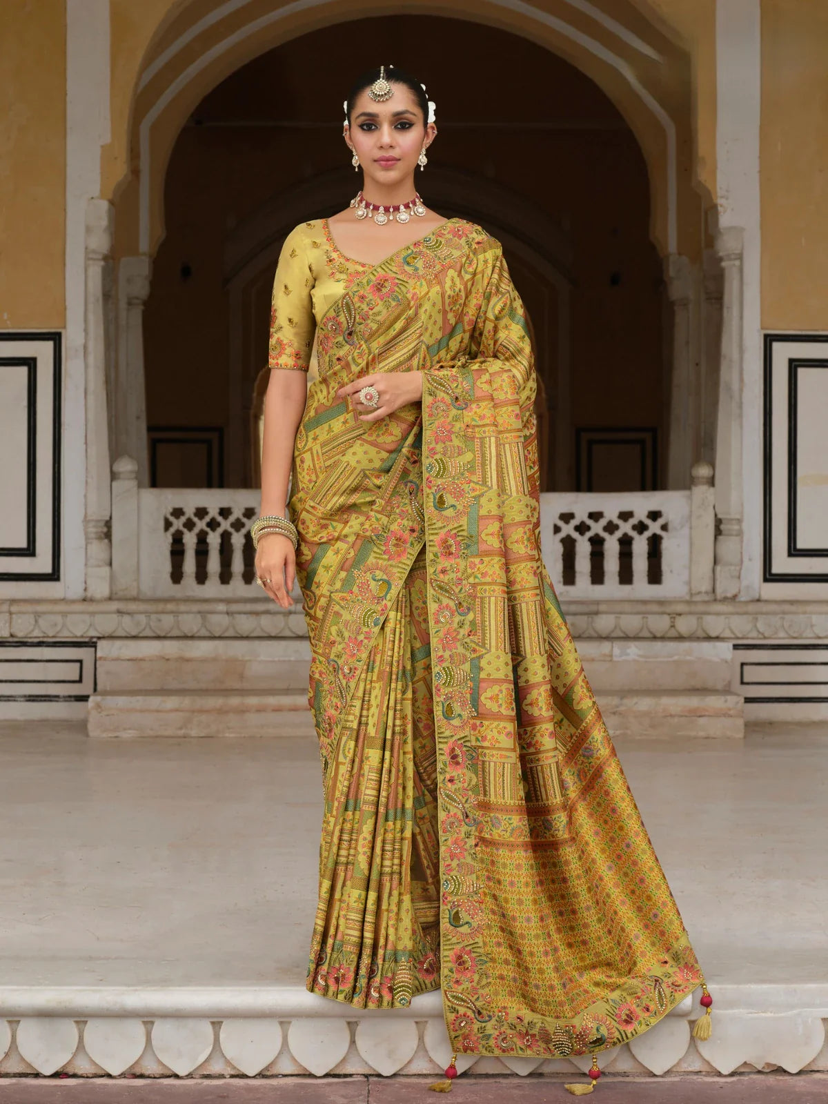 Tarani premium green party wear silk saree full view with khatli embroidery and zari blouse