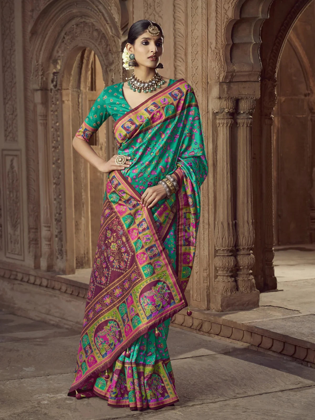Tarani premium green printed silk saree full view for festive and party wear