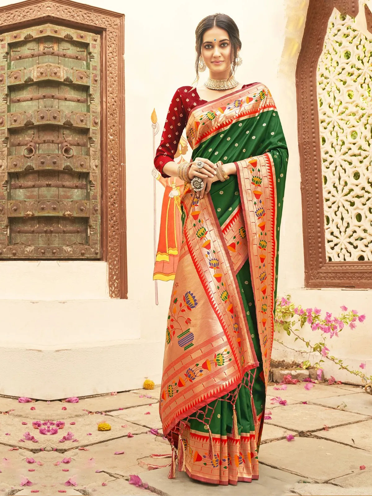 Tarani Paithani silk green saree with zari weaving and festive design full view