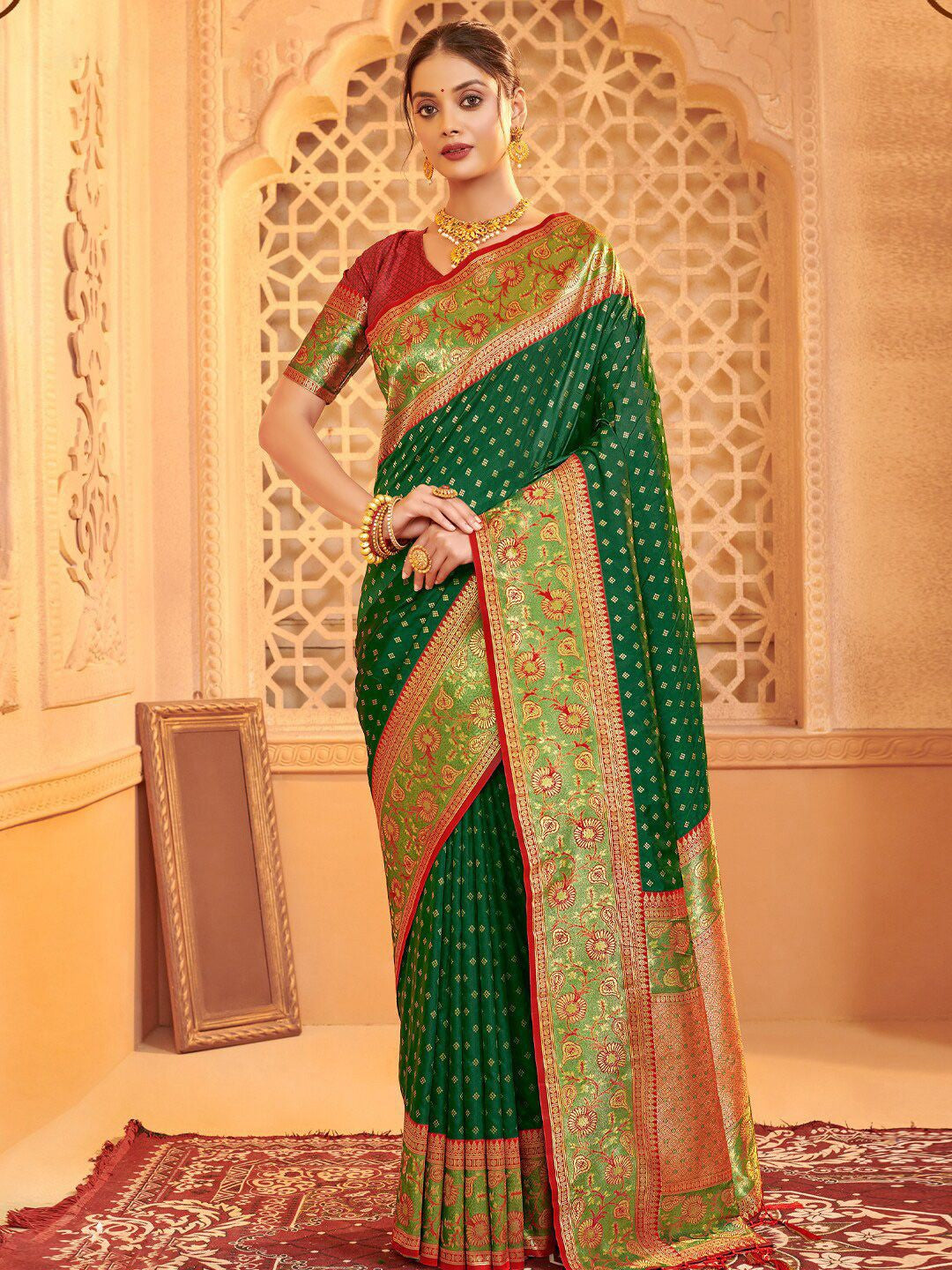 Tarani premium green silk blend saree with golden woven border full view for festive occasions