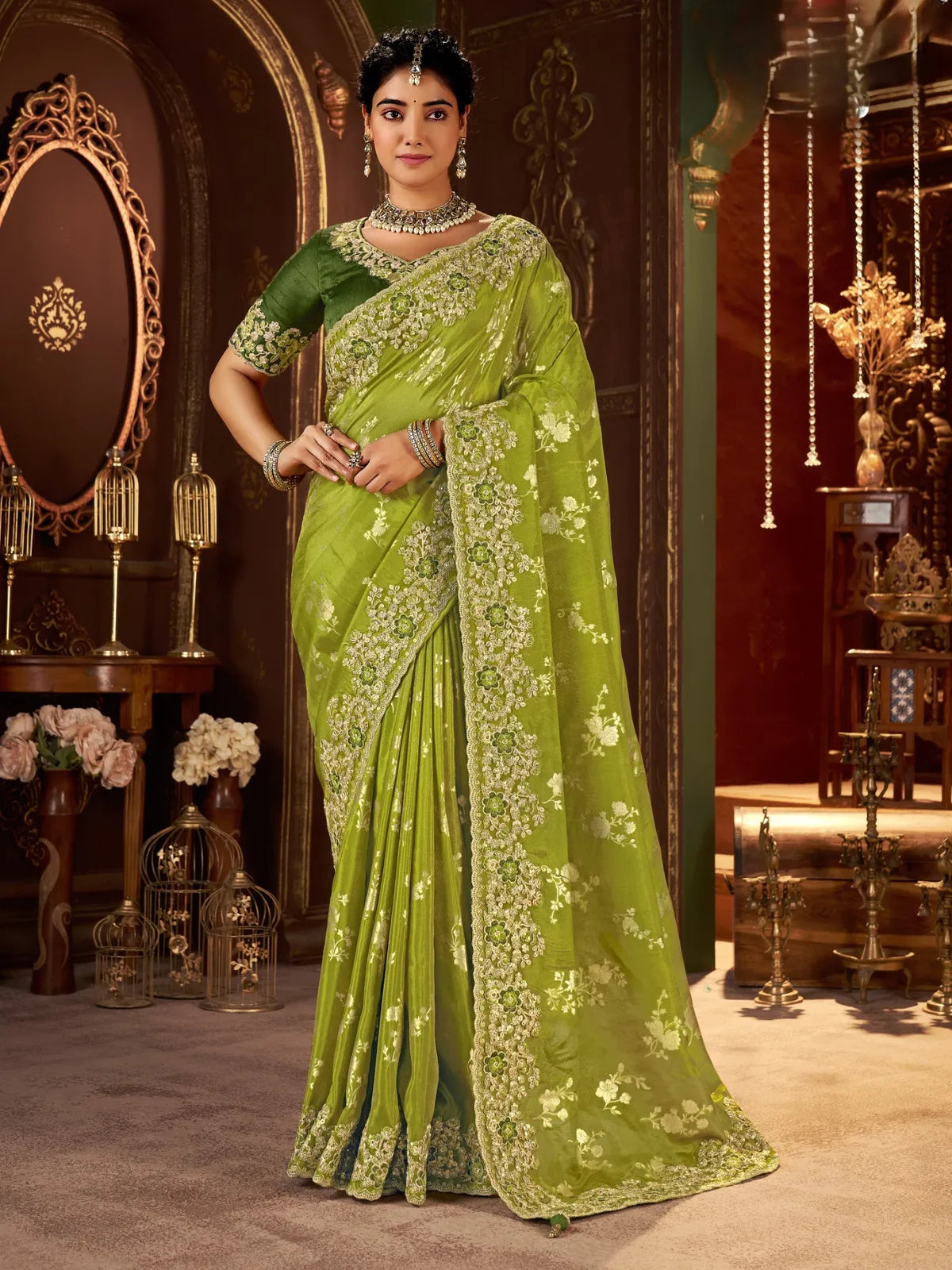 Tarani green silk saree full view with zari embroidery and designer blouse