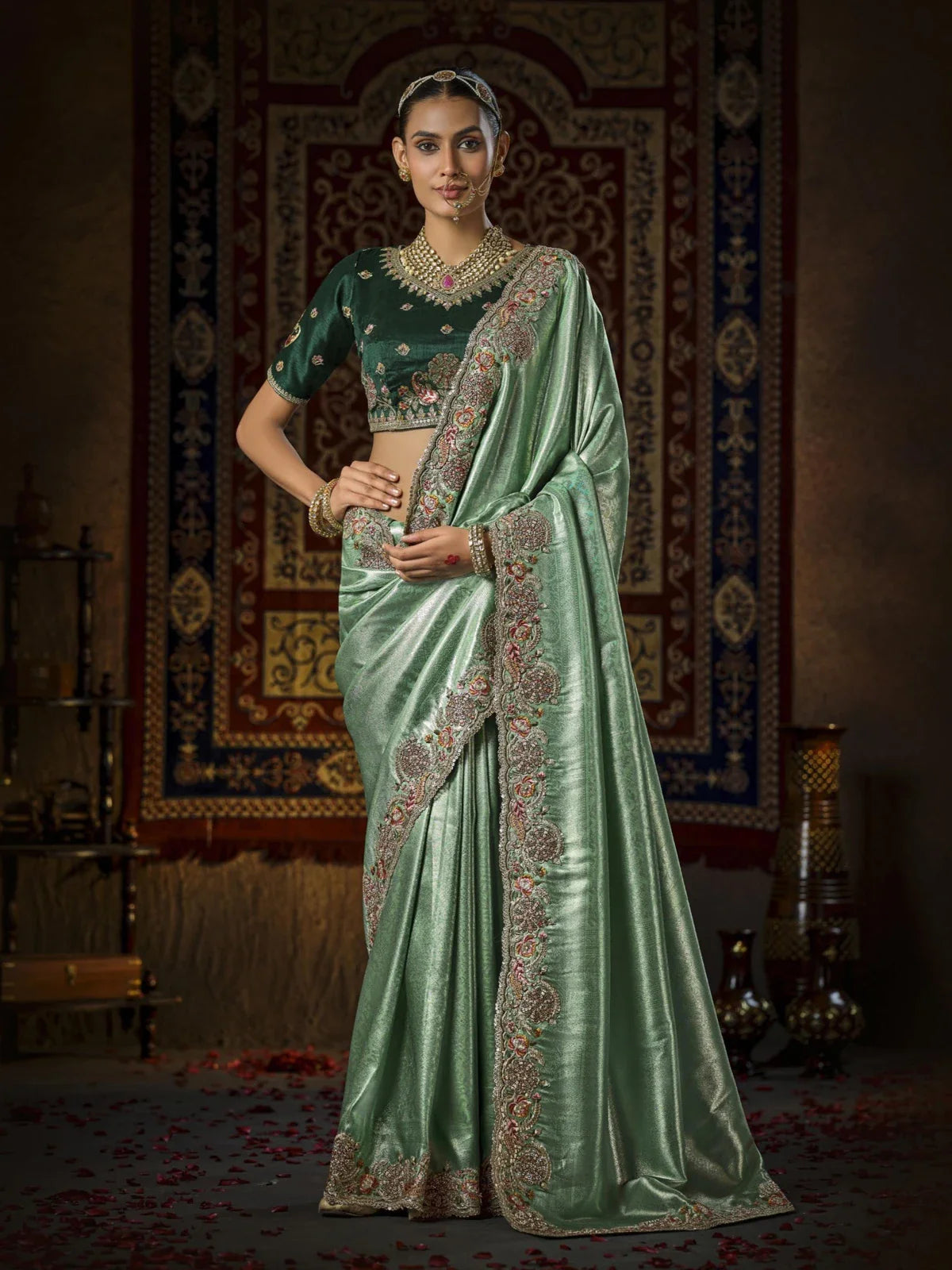 Tarani bridal green silk saree with zari and handwork full view
