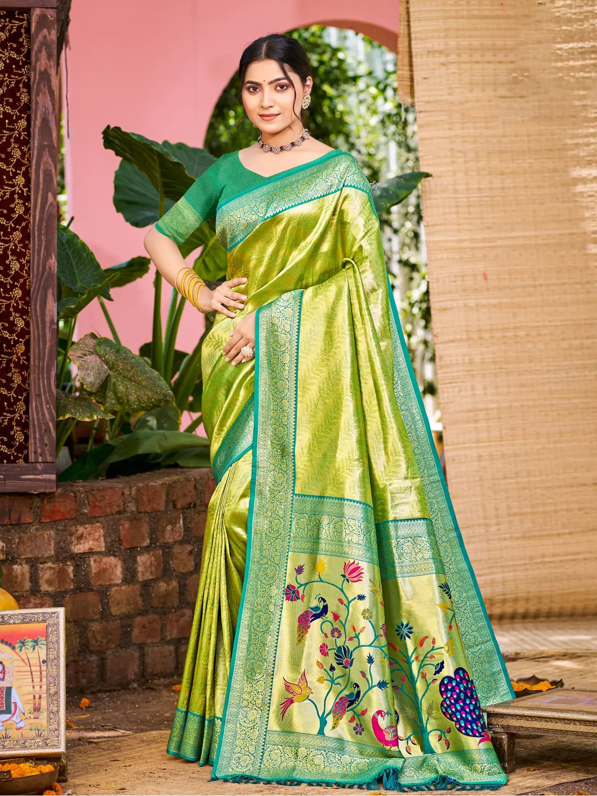 Tarani green Kanjivaram silk saree full view with woven border and blouse piece