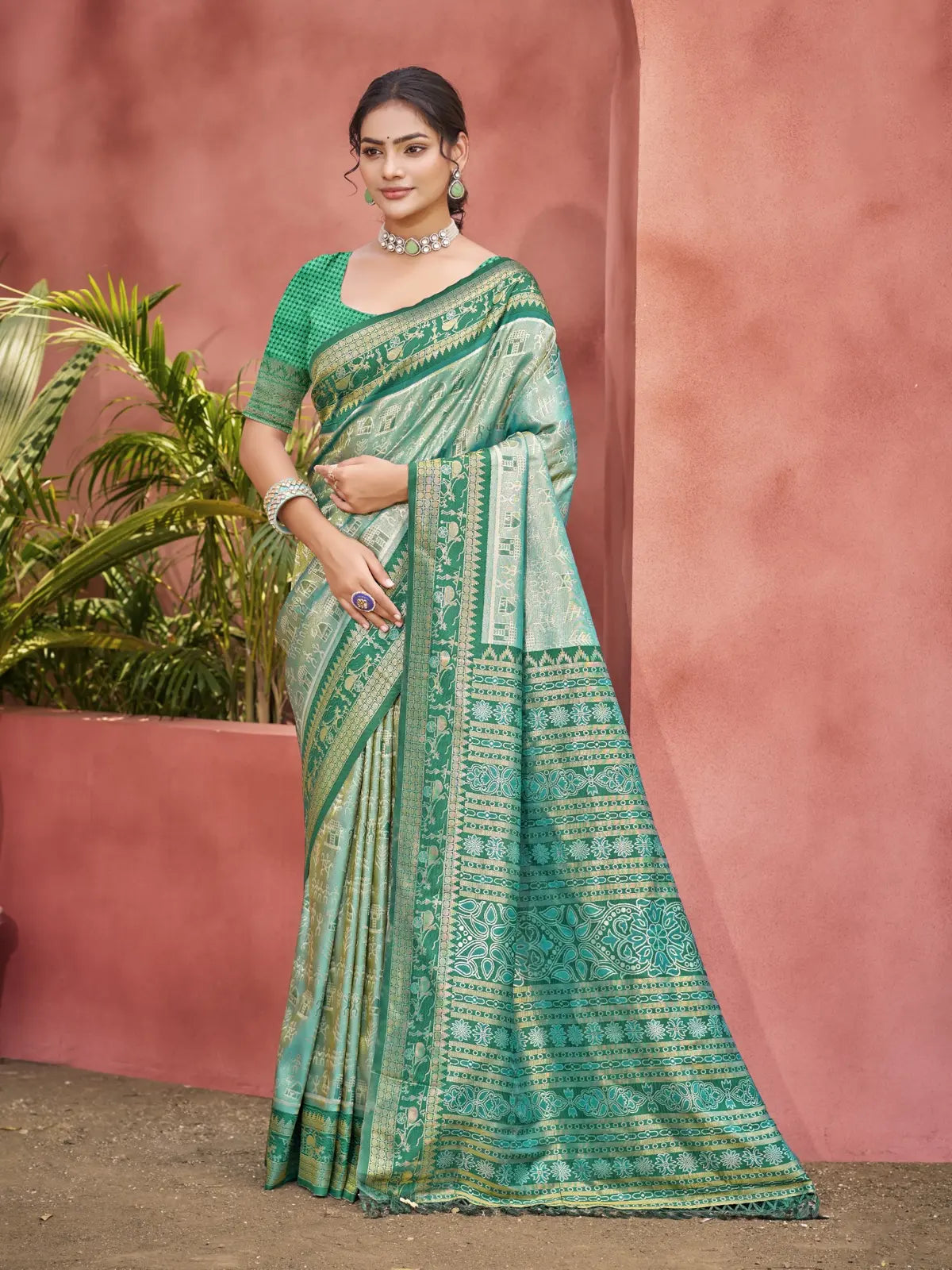 Tarani elegant green kanjivaram silk saree full view with blouse piece for festive and wedding wear