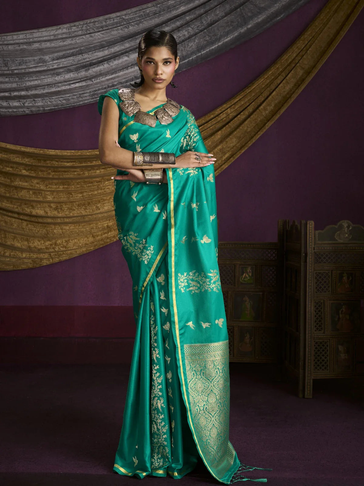 Tarani green satin handloom silk saree with subtle golden motifs and blouse piece full view