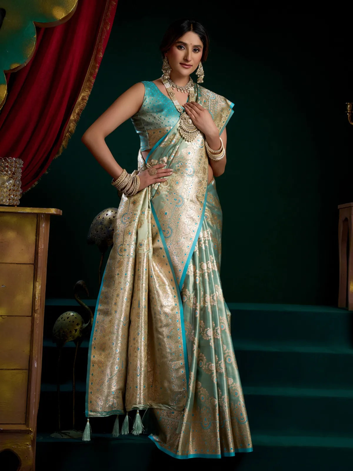 Tarani green satin silk saree with zari work and matching blouse for festive wear full view