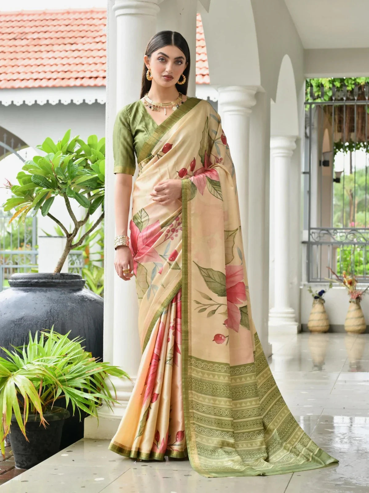 Tarani soft satin silk saree with floral print and green contrast blouse full view