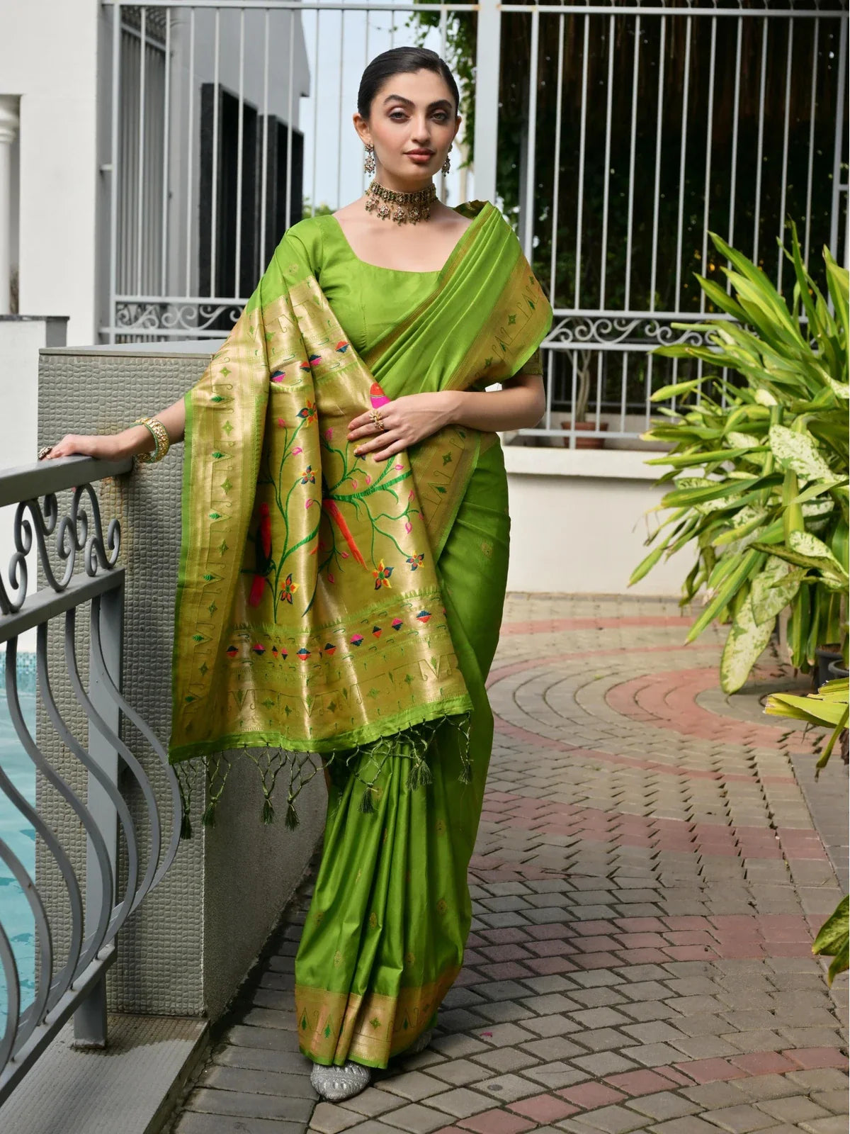 Tarani green paithani silk saree full view with zari pallu and traditional design