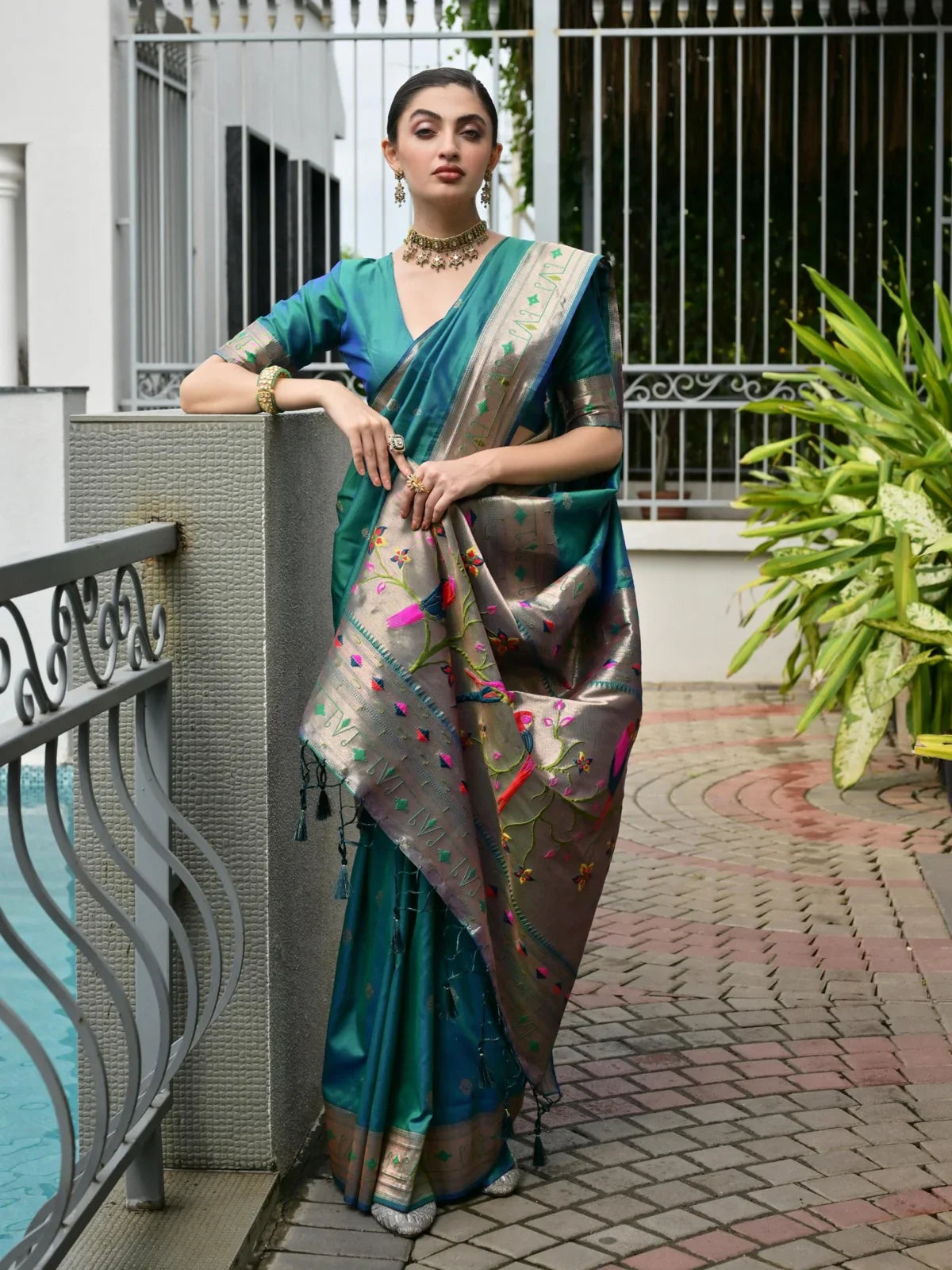 Tarani soft banarasi silk green saree with zari and meena woven pallu in full view