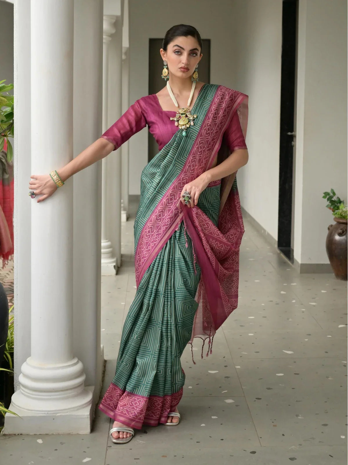 Tarani green tussar silk saree with wine border and blouse for casual and uniform wear